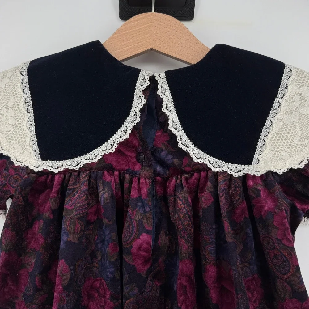 Piccolo Vintage 90s Girl's Paisley Floral Velour Collar Dress 3T‎